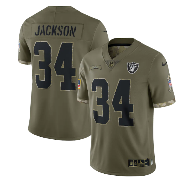 Men's Las Vegas Raiders #34 Bo Jackson Olive 2022 Salute To Service Limited Stitched Jersey